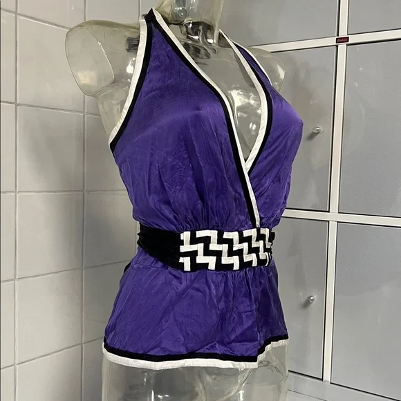 Bebe 2008 Silky Purple Peplum Deep Plunge Halter XS - Picture 2 of 16